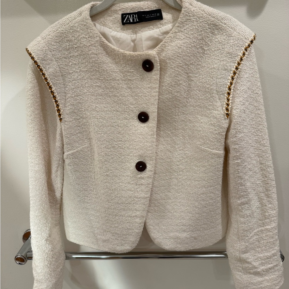 Zara Women's Cream Blazer with Gold Detailing